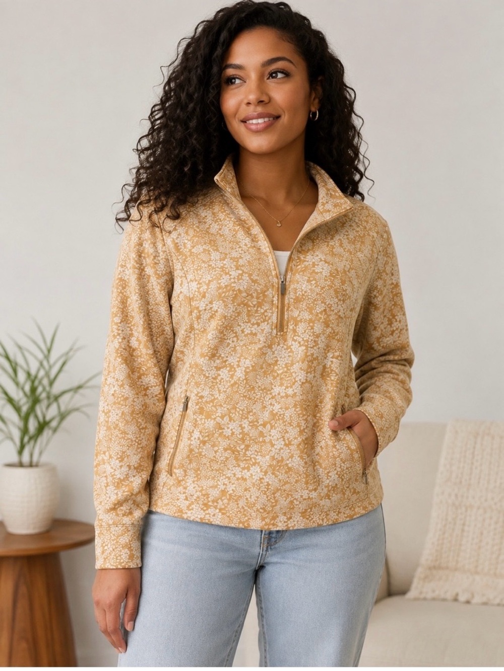 Laura Ashley Golf Tennis 1/4 Zip Yellow Floral Stretch Jacket Small - Picture 14 of 14